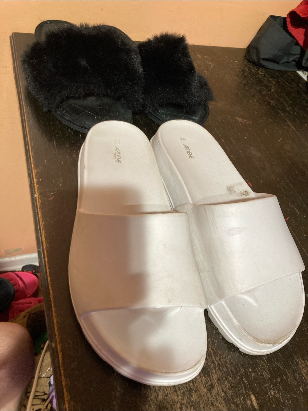 Ardene White Slide Sandals and Black Faux-Fur Slippers Duo